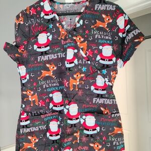 Festive Scrub Top, short sleeve with Santa and Reindeer Print
